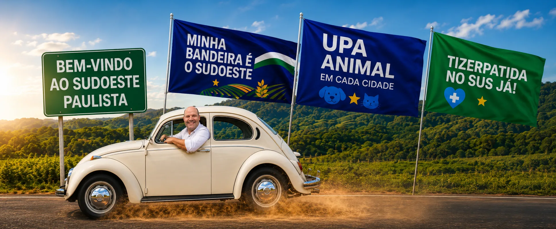 Alex Lacerda dirigindo um Fusca em estrada do Sudoeste Paulista, ao lado da placa Bem-vindo ao Sudoeste Paulista e das bandeiras Minha Bandeira é o Sudoeste, UPA Animal em Cada Cidade e Tirzepatida no SUS Já