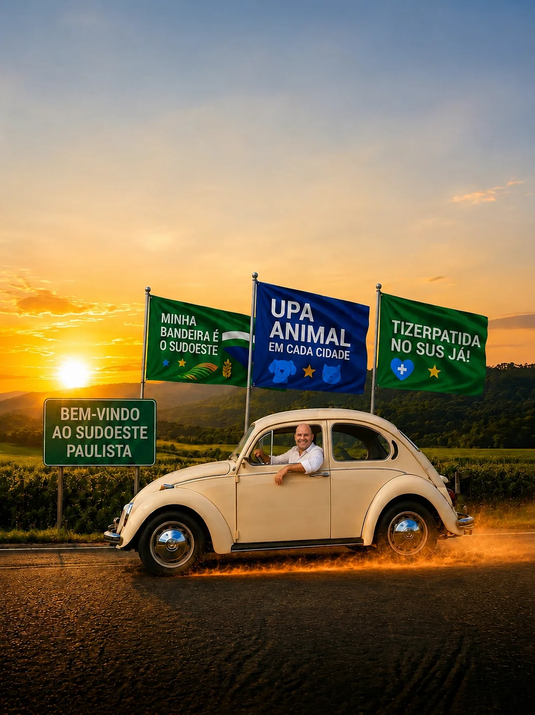 Alex Lacerda dirigindo um Fusca em uma estrada do Sudoeste Paulista ao pôr do sol, ao lado da placa Bem-vindo ao Sudoeste Paulista e das bandeiras Minha Bandeira é o Sudoeste, UPA Animal em Cada Cidade e Tirzepatida no SUS Já